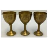 Group Of 6 Small Etched Brass Shot Cups 3" With 8 3/8" Heavy Brass Serving Tray