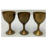 Group Of 6 Small Etched Brass Shot Cups 3" With 8 3/8" Heavy Brass Serving Tray