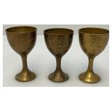 Group Of 6 Small Etched Brass Shot Cups 3" With 8 3/8" Heavy Brass Serving Tray