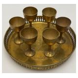 Group Of 6 Small Etched Brass Shot Cups 3" With 8 3/8" Heavy Brass Serving Tray