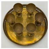 Group Of 6 Small Etched Brass Shot Cups 3" With 8 3/8" Heavy Brass Serving Tray