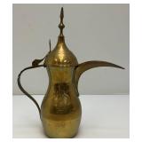 Vintage Etched Brass Turkish Dallah Coffee Pot 12" Signed With Foil label