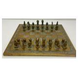 Est. $400.00- $600.00 14" x 14" Vintage Greek Brutalist Bronze Chess Set With Matching Brass Board