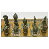 Est. $400.00- $600.00 14" x 14" Vintage Greek Brutalist Bronze Chess Set With Matching Brass Board
