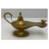 Vintage Etched Brass Aladdin Genie Style Oil Lamp 4" x 5" x 9"