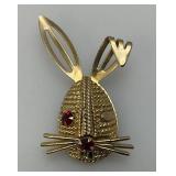 Vintage Sarah Coventry Bunny Brooch Gold Tone Red Rhinestones 2"