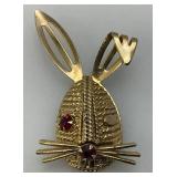 Vintage Sarah Coventry Bunny Brooch Gold Tone Red Rhinestones 2"