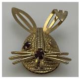 Vintage Sarah Coventry Bunny Brooch Gold Tone Red Rhinestones 2"