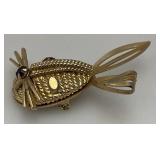 Vintage Sarah Coventry Bunny Brooch Gold Tone Red Rhinestones 2"