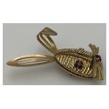 Vintage Sarah Coventry Bunny Brooch Gold Tone Red Rhinestones 2"