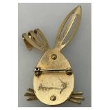 Vintage Sarah Coventry Bunny Brooch Gold Tone Red Rhinestones 2"