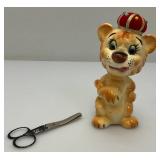 Vintage Porcelain Lion Pin Cushion Scissor Sewing Tool Holder 6"