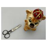 Vintage Porcelain Lion Pin Cushion Scissor Sewing Tool Holder 6"