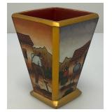 Very RARE Reverse Painted Glass Paneled Miniature Vase With Farmer Scene 3 3/4"