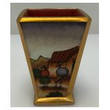 Very RARE Reverse Painted Glass Paneled Miniature Vase With Farmer Scene 3 3/4"