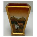 Very RARE Reverse Painted Glass Paneled Miniature Vase With Farmer Scene 3 3/4"