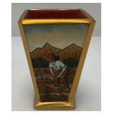 Very RARE Reverse Painted Glass Paneled Miniature Vase With Farmer Scene 3 3/4"