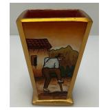 Very RARE Reverse Painted Glass Paneled Miniature Vase With Farmer Scene 3 3/4"