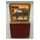 Very RARE Reverse Painted Glass Paneled Miniature Vase With Farmer Scene 3 3/4"