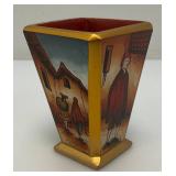 Very RARE Reverse Painted Glass Paneled Miniature Vase With Farmer Scene 3 3/4"