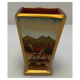 Very RARE Reverse Painted Glass Paneled Miniature Vase With Farmer Scene 3 3/4"