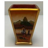 Very RARE Reverse Painted Glass Paneled Miniature Vase With Farmer Scene 3 3/4"