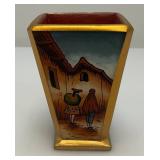 Very RARE Reverse Painted Glass Paneled Miniature Vase With Farmer Scene 3 3/4"