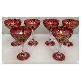 Antique  Set Of Six Persian Crystal - Ruby Red Gobblets With Nasser Al Din Portraiture 6 1/4"