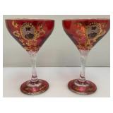 Antique  Set Of Six Persian Crystal - Ruby Red Gobblets With Nasser Al Din Portraiture 6 1/4"