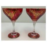 Antique  Set Of Six Persian Crystal - Ruby Red Gobblets With Nasser Al Din Portraiture 6 1/4"