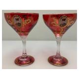 Antique  Set Of Six Persian Crystal - Ruby Red Gobblets With Nasser Al Din Portraiture 6 1/4"