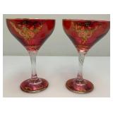 Antique  Set Of Six Persian Crystal - Ruby Red Gobblets With Nasser Al Din Portraiture 6 1/4"