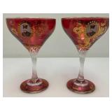 Antique  Set Of Six Persian Crystal - Ruby Red Gobblets With Nasser Al Din Portraiture 6 1/4"