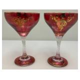 Antique  Set Of Six Persian Crystal - Ruby Red Gobblets With Nasser Al Din Portraiture 6 1/4"