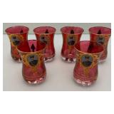 Antique  Set Of Six Persian Crystal - Ruby Red Tea Glasses With Nasser Al Din Portraiture 3 3/8""
