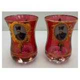Antique  Set Of Six Persian Crystal - Ruby Red Tea Glasses With Nasser Al Din Portraiture 3 3/8""