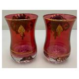 Antique  Set Of Six Persian Crystal - Ruby Red Tea Glasses With Nasser Al Din Portraiture 3 3/8""