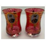 Antique  Set Of Six Persian Crystal - Ruby Red Tea Glasses With Nasser Al Din Portraiture 3 3/8""