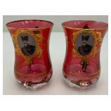 Antique  Set Of Six Persian Crystal - Ruby Red Tea Glasses With Nasser Al Din Portraiture 3 3/8""