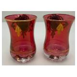 Antique  Set Of Six Persian Crystal - Ruby Red Tea Glasses With Nasser Al Din Portraiture 3 3/8""