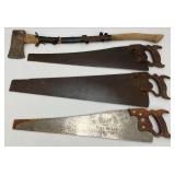 Vintage Hand Saws And Long Handled Axe