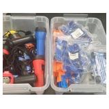 2 totes of miscellaneous items and flashlights