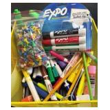 basket of markers, dry erase markers, thumbtacks