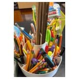pens, pencils, colored pencils, markers, fidgets, multipurpose labels, masks, stapler