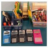 lot of calculators, colored pencils, pens, pencil sharpener and markers