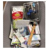 Bin of tacks, staples, tape, pencils, sharpeners, pencil lead, rulers, key tags, pushpins and paper clips