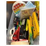 pens, pencils, colored pencils, markers, fidgets, multipurpose labels, masks, stapler