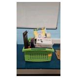 lot of calculators, colored pencils, pens, pencil sharpener and markers