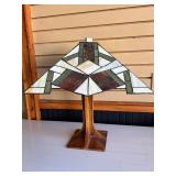 Deco Stained Glass Tiffany Style Table Lamp w/Matching Art Deco Wood Base