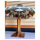 Deco Stained Glass Tiffany Style Table Lamp w/Matching Art Deco Wood Base